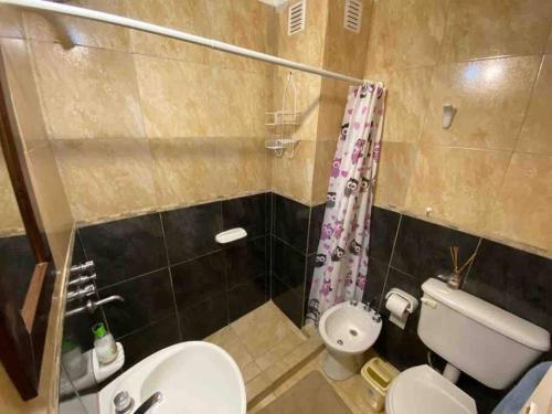 a small bathroom with a toilet and a shower at Departamento Gallino in Corrientes