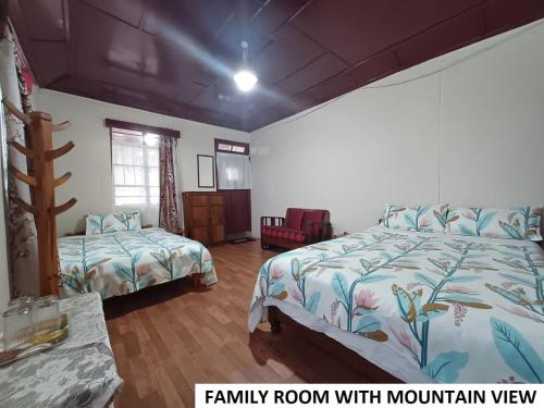 een slaapkamer met 2 bedden en een familiekamer met uitzicht op de bergen bij Odyssey's Pateng Homestay, Cherrapunji in Cherrapunji