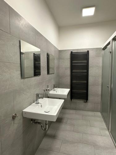 a bathroom with two sinks and a shower at EasyLiving Darmstadt in Darmstadt