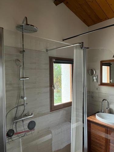 y baño con ducha y lavamanos. en gîte de Fontjalabert en campagne tout confort, en Lisle-sur-Tarn