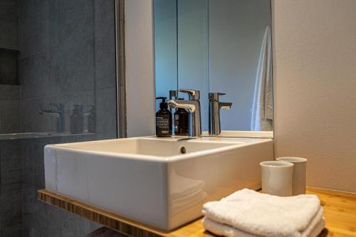 La salle de bains est pourvue d'un lavabo blanc et d'un miroir. dans l'établissement Fräulein Emelie, à Oberstaufen