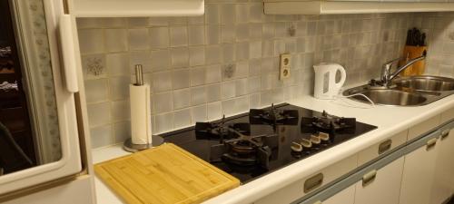 a kitchen counter with a stove and a sink at SUPERB FLAT WITH 3 BEDROOMS PARKING AND BALCONy in Antwerp