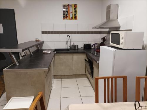 une cuisine avec un réfrigérateur et un micro-ondes dans l'établissement Appartement Eaux bonnes, à Eaux-Bonnes