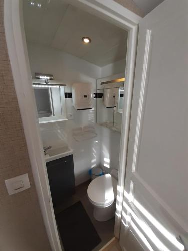 une salle de bain blanche avec des toilettes et un lavabo dans l'établissement La cabane à Caillou, à Le Cheylas