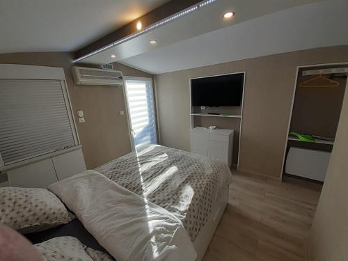 une chambre avec un lit et une télévision à écran plat dans l'établissement La cabane à Caillou, à Le Cheylas