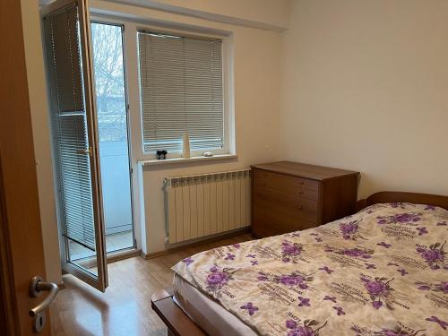 um quarto com uma cama, uma cômoda e uma janela em Homy apartment in city center Marijin Dvor em Saraievo