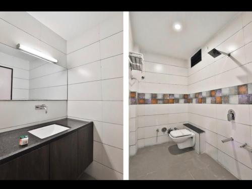 two pictures of a bathroom with a toilet and a sink at HOTEL ADITYA in Sasan Gir