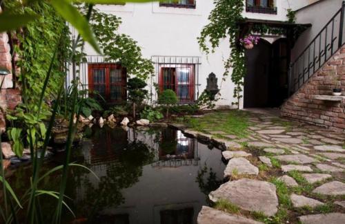 a garden with a pond in front of a building at VIP MiKU apartman 2 in Mikulov