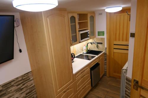 a small kitchen with wooden cabinets and a sink at Apartamenty u Łukasza in Zakopane