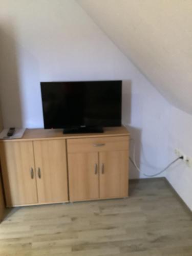 een flatscreen-tv bovenop een houten kast bij FEWO Appartement 5 in Minden