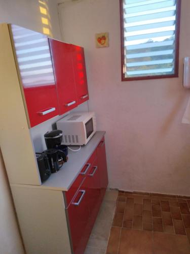a kitchen with red cabinets and a microwave on a counter at AU JARDIN FLEURI in Sainte-Anne