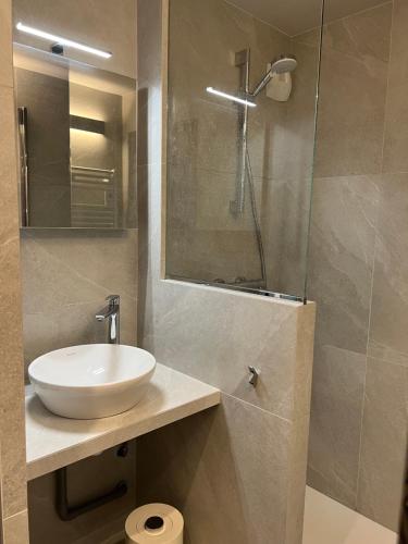 La salle de bains est pourvue d'un lavabo et d'une douche. dans l'établissement Studio Chalet des Pistes Megève, à Demi-Quartier