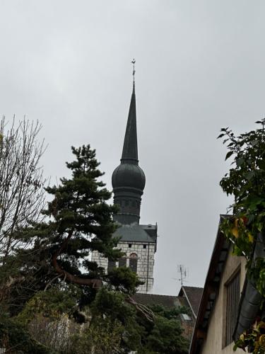 un grand bâtiment avec un clocher et un arbre au premier plan dans l'établissement Le troubadour, à La Roche-sur-Foron