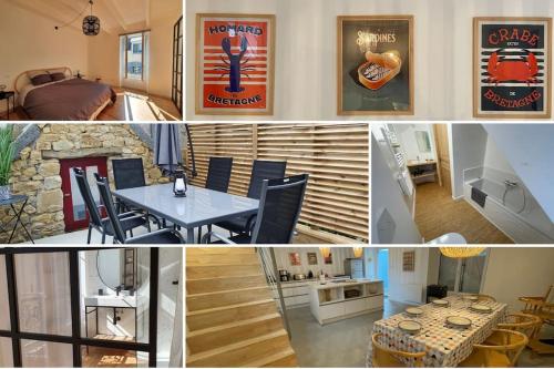 un collage de photos d'un salon et d'une salle à manger dans l'établissement Maison de ville - Plage à pied, à Crozon