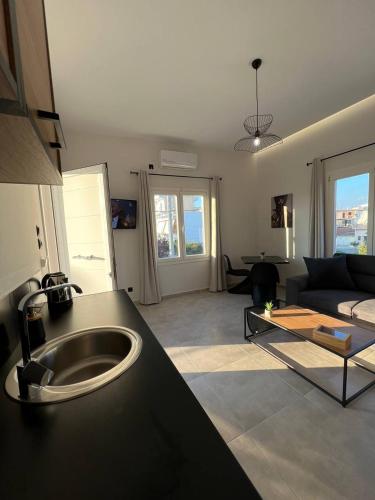 a kitchen and living room with a sink and a couch at Elefsinian Mysteries Apartments in Elefsina