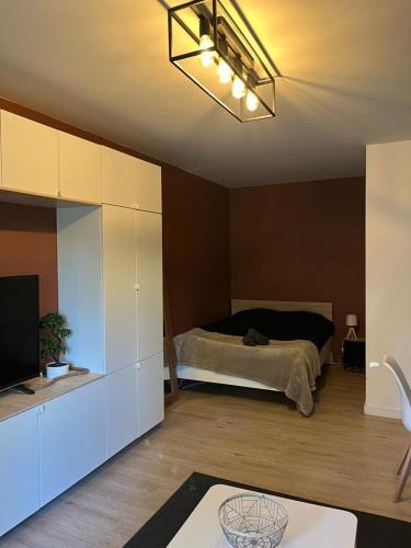 une chambre avec un lit et une télévision dans l'établissement APPARTEMENT 190, à Évreux