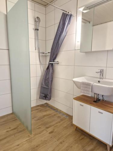 La salle de bains est pourvue d'une douche et d'un lavabo. dans l'établissement Heideherz, à Soltau