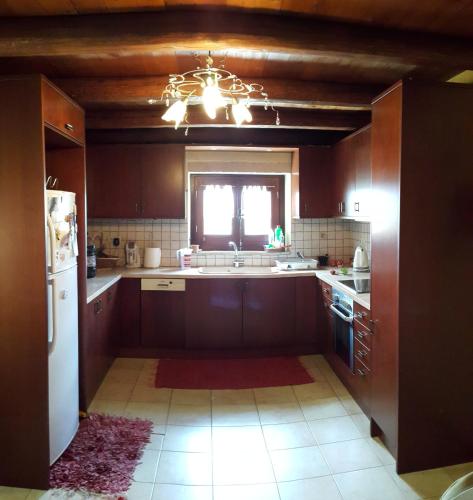a kitchen with brown cabinets and a white refrigerator at Cretan Traditional Home in Tílisos