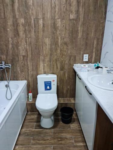a bathroom with a toilet and a sink at Апартаменты в центре, в новом доме in Almaty