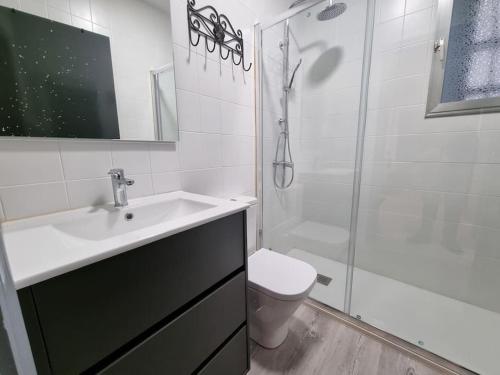 a bathroom with a sink and a shower and a toilet at 21A01 Apartamento Cabañaquinta in Aller