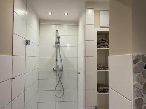 プフロンテンにあるAm Hörnle Appartementsのバスルーム(ガラスドア付きのシャワー付)