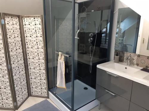 uma casa de banho com uma cabina de duche em vidro e um lavatório. em Petit appartement à la campagne proche mer em Missillac