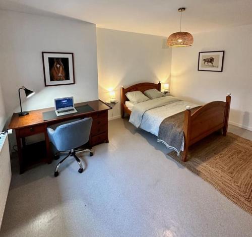 een slaapkamer met een bed en een bureau met een laptop bij Artist's Home - 65 m2 spacieux & confortable in Châlons-en-Champagne