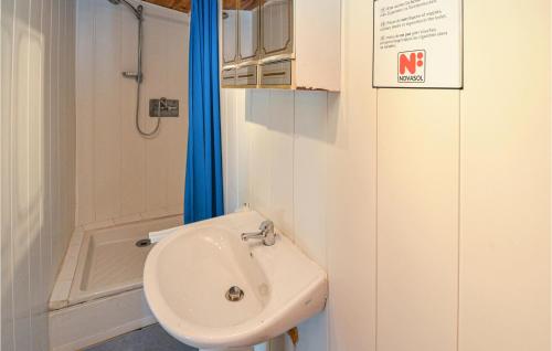 a small bathroom with a sink and a shower at Awesome Home In Bordezac With Outdoor Swimming Pool in Bordezac