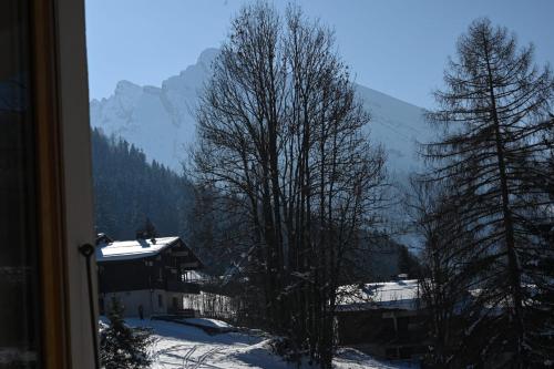 Una ventana con vista a una montaña cubierta de nieve. en Les bouquetins, en La Clusaz
