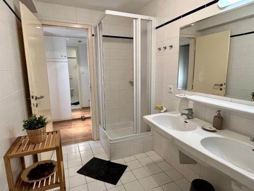 ein weißes Bad mit einem Waschbecken und einer Dusche in der Unterkunft Apartmány Dlouhá in Tábor