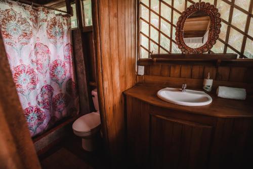 a bathroom with a sink and a toilet and a mirror at Ocean Forest Ecolodge in San Pedrillo