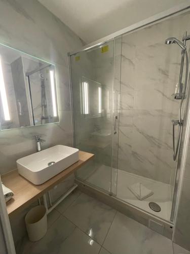 a bathroom with a sink and a glass shower at Cit'Hotel LA PYRAMIDE in Romorantin