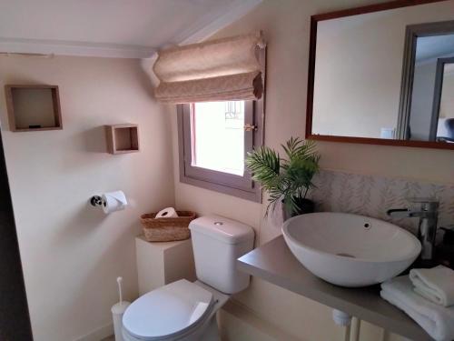 ein Badezimmer mit einem WC, einem Waschbecken und einem Spiegel in der Unterkunft Les Penyetes Boutique Bed and Breakfast in Campell