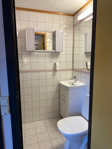 ハンメルフェストにあるCamp Skytterhusetのバスルーム(トイレ、洗面台付)