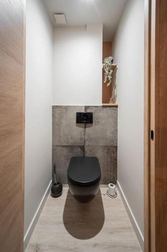 La salle de bains est pourvue de toilettes noires dans le couloir. dans l'établissement Appart de standing - Centre-ville, à Chalon-sur-Saône