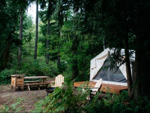 a tent and a picnic table in a forest at Tentrr Signature Site - Cascade Rose Alpaca Farm Stay in Carnation