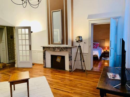 a living room with a fireplace and a bedroom at Grand Messier 8 personnes in Senones
