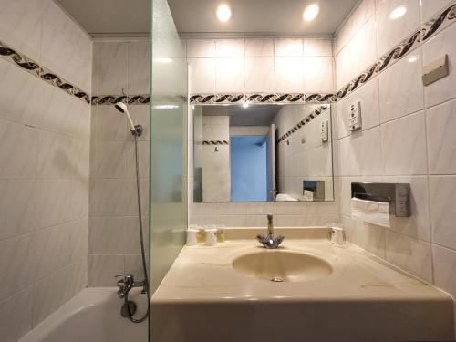 y baño con lavabo, espejo y bañera. en L'Hôtel Du Fleuve en Sinnamary