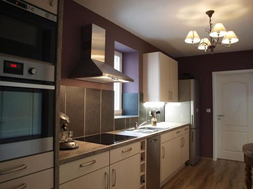 une cuisine avec des armoires blanches et un four à plaques de cuisson dans l'établissement La Mirabelle Gîte de charme, à Mackenheim