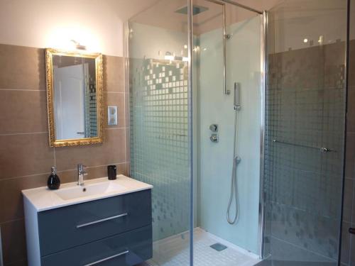 a bathroom with a sink and a glass shower at La Mirabelle Gîte de charme in Mackenheim