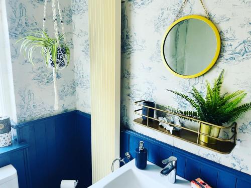 a bathroom with blue walls and a mirror and a sink at Tipple Cottage in Haworth