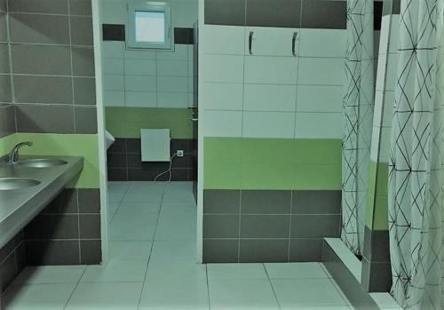 La salle de bains est pourvue d'une douche, d'un lavabo et d'un miroir. dans l'établissement GAS Truck centrum, à Holíč