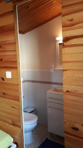 ein Bad mit einem WC und einem Waschbecken in der Unterkunft Cabane randonneur au camping in Camurac