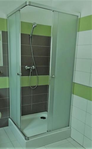 a shower with a glass door in a bathroom at GAS Truck centrum in Holíč