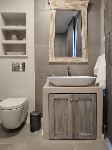 a bathroom with a sink and a toilet and a mirror at Raízes Turismo Rural in Castelo Branco