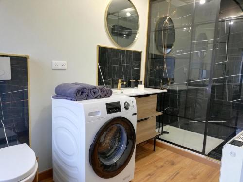 a washing machine in a bathroom with a toilet at Calme/ Confortable / Esthétique / Centre-ville in Valenciennes