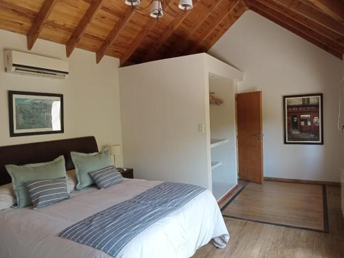 1 dormitorio con 1 cama grande y techo de madera en Casa de Huéspedes Villa Pehuenia en Villa Pehuenia
