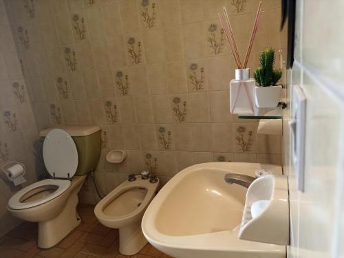 een badkamer met een toilet, een wastafel en een bad bij "B" SPACIO Hostel y Arte -Habitación Compartida- in Mendoza