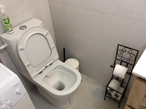 ein Badezimmer mit einem weißen WC und einem Waschbecken in der Unterkunft המקום של מוש in Pardes H̱anna