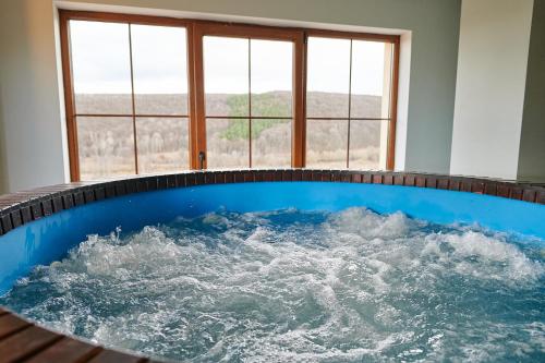 a hot tub with water in a room with windows at Saciova Hills in Saciova